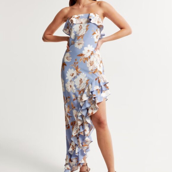 NWT sz Small Abercrombie Strapless Asymmetrical Ruffle High-Low Maxi Dress - Picture 2 of 7